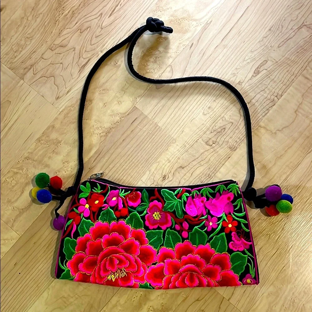 Colorful Embroidered Floral Boho Crossbody Shoulder Bag with Pom Poms